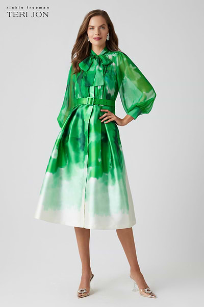 Chiffon-Mikado Tie-Neck Dress with Tuck-Pleat Top – Terijon.com
