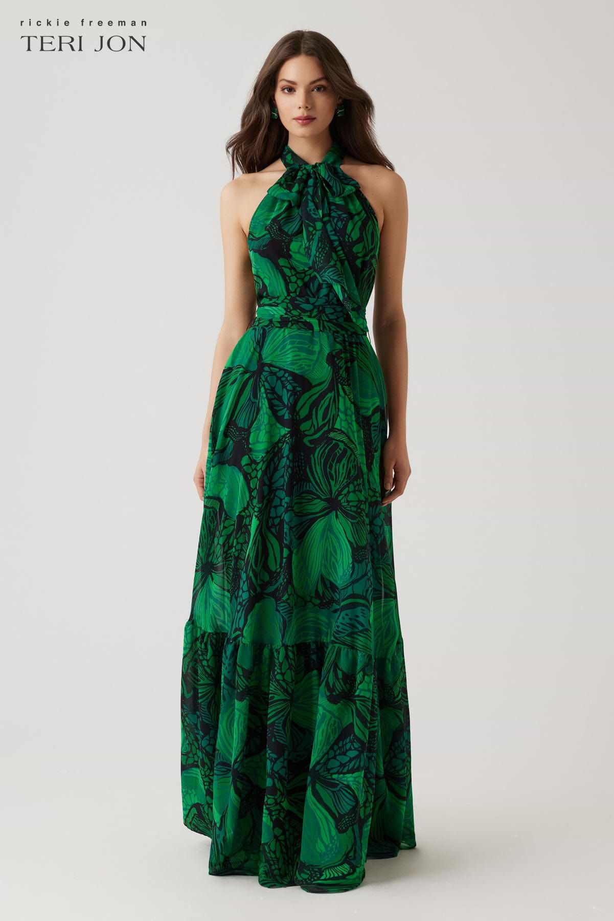 Chiffon Floral Print Halter Gown – Terijon.com