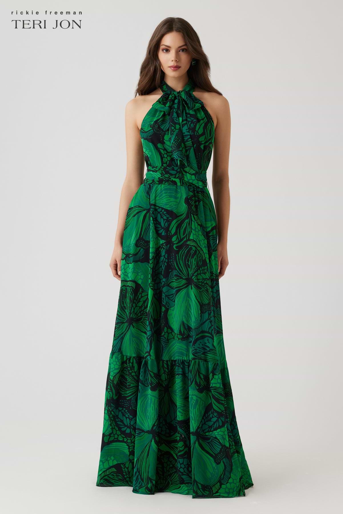 Chiffon Floral Print Halter Tie Neck Flounce Hem Gown Chiffon Floral Print Halter Tie Neck Flounce Hem Gown