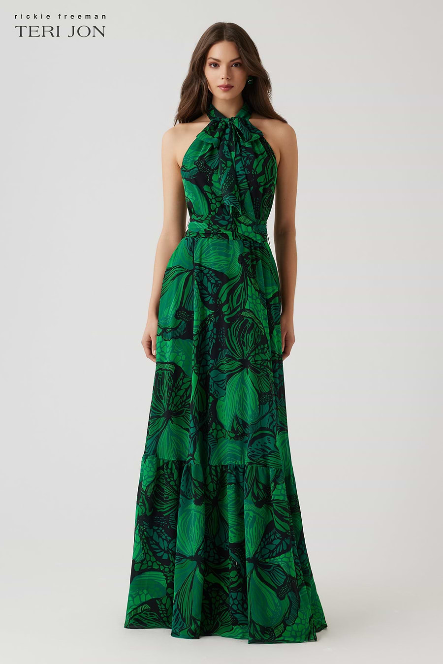 Teri Jon Chiffon Floral Print Halter Gown Size 18