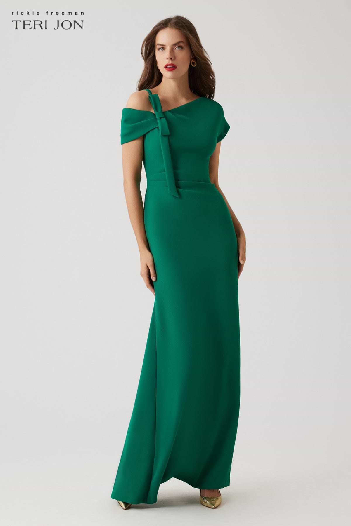 teri jon emerald green dress Rickie Freeman for Teri Jon Off-Shoulder Floral Jacquard Gown