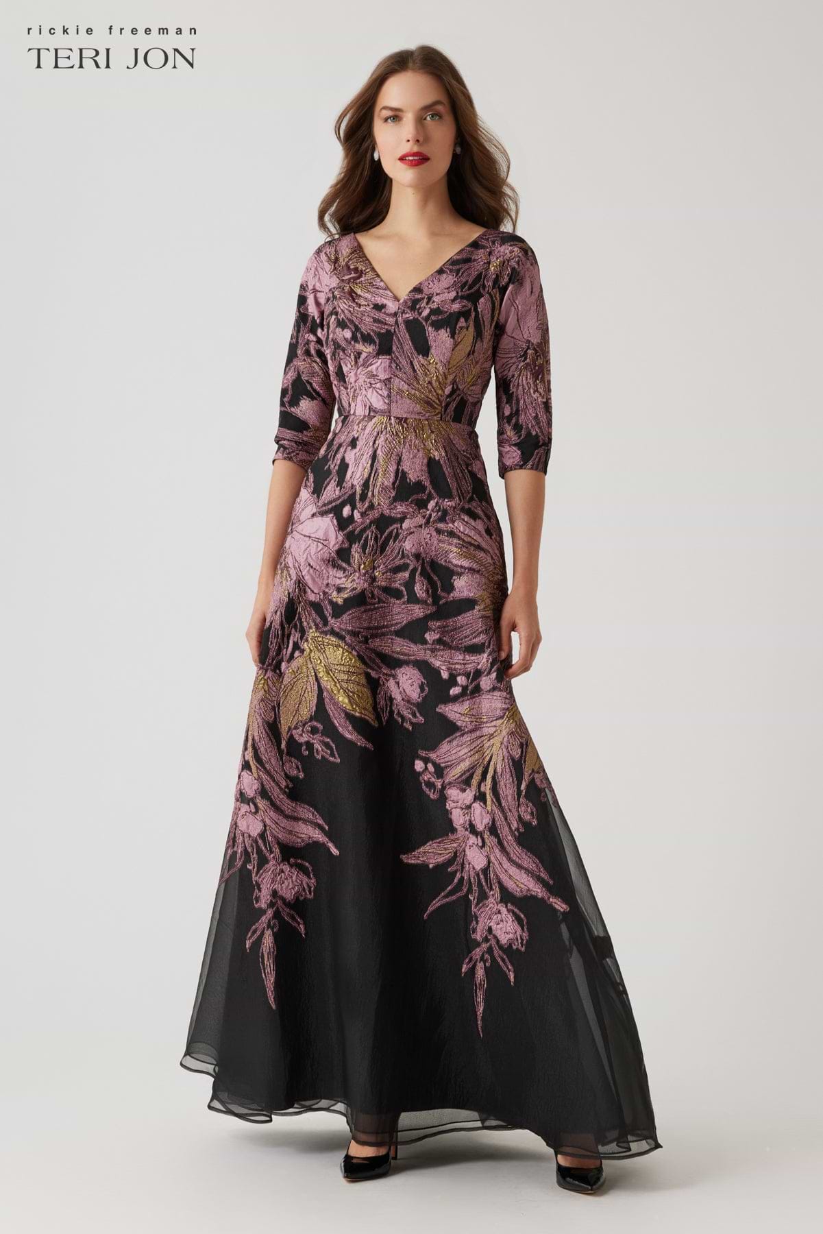 Metallic Jacquard Floral V Neck Gown – Terijon.com
