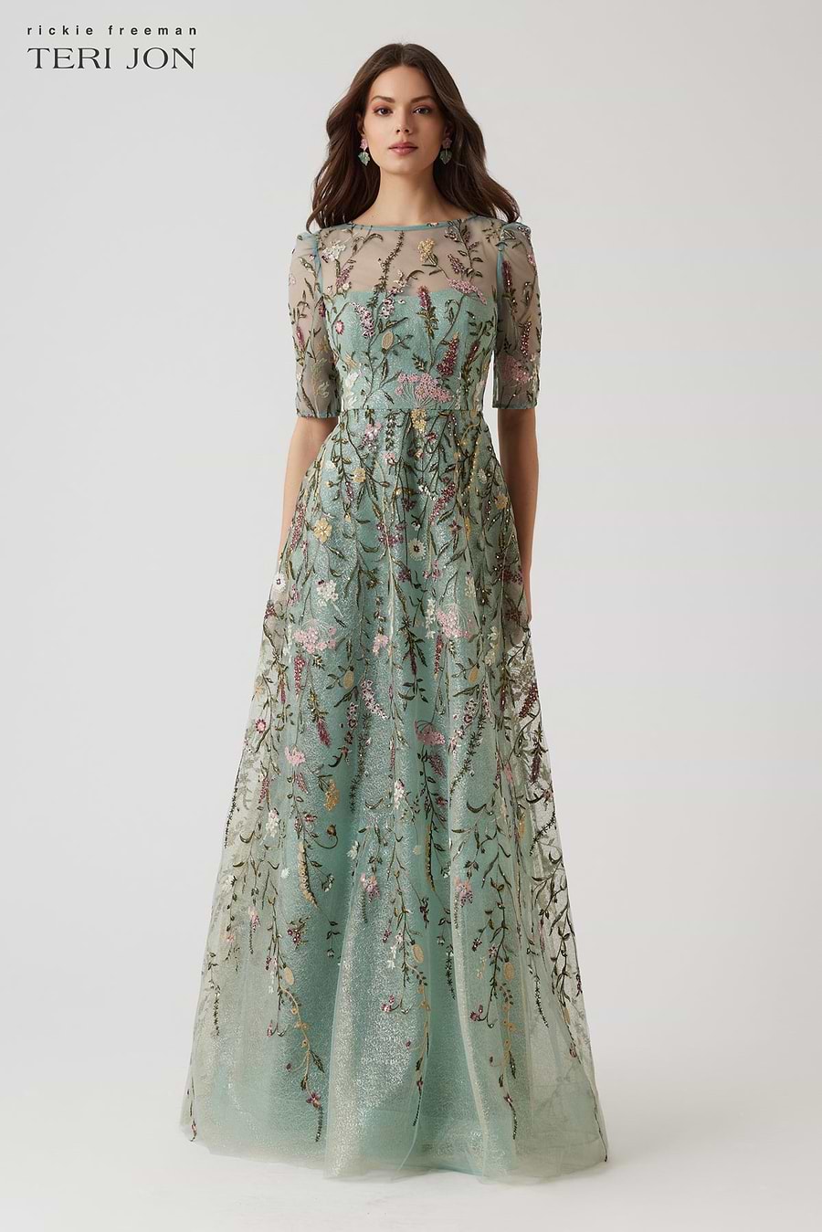 Teri Jon Floral Embroidered Tulle Elbow Sleeve Gown - Sage Multi - 4 Teri Jon Floral Embroidered Tulle Elbow Sleeve Gown - Sage Multi - 4