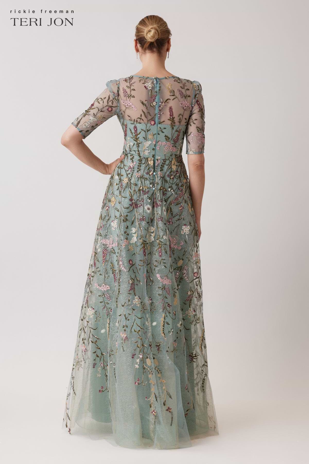 Teri Jon Floral Embroidered Tulle Elbow Sleeve Gown - Sage Multi - 4