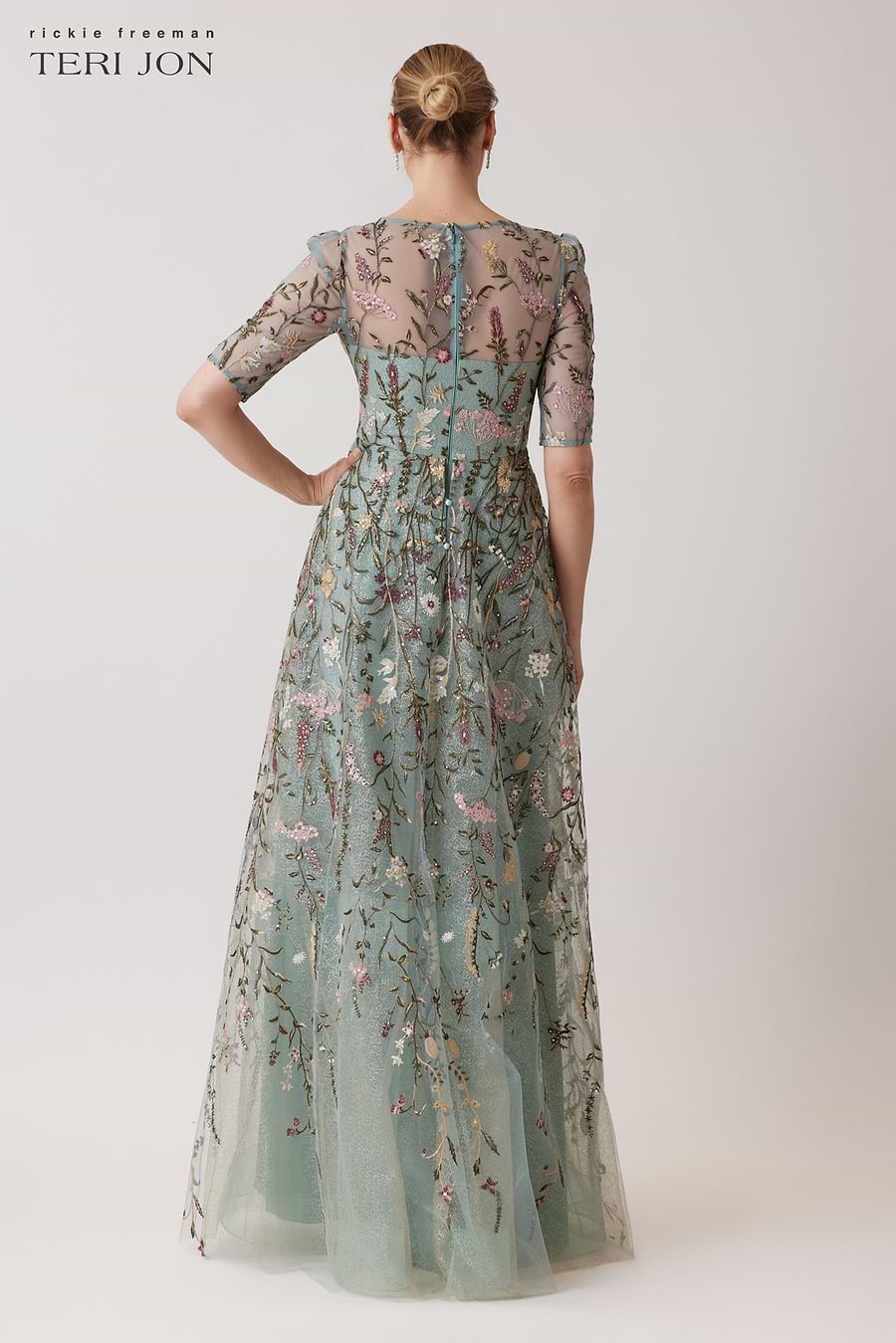 Teri Jon Floral Embroidered Tulle Elbow Sleeve Gown - Sage Multi - 4 Teri Jon Floral Embroidered Tulle Elbow Sleeve Gown - Sage Multi - 4