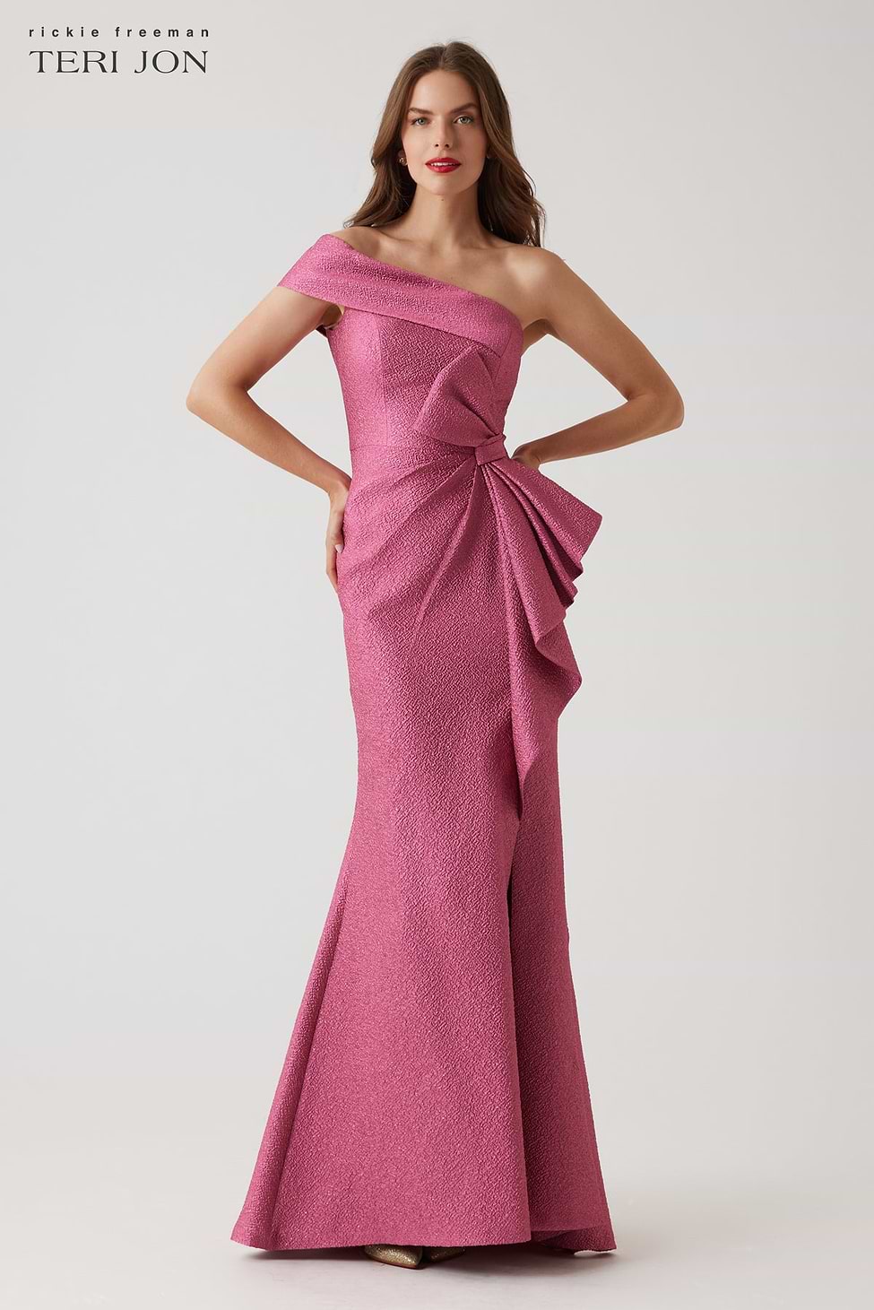 Metallic Jacquard One Shoulder High Low Gown – Terijon.com
