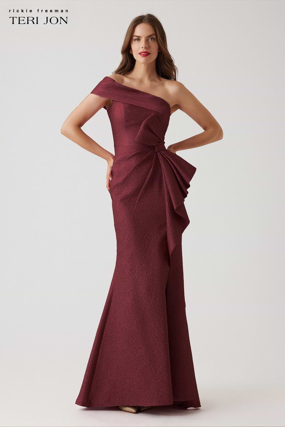 Metallic Jacquard One Shoulder High Low Gown – Terijon.com