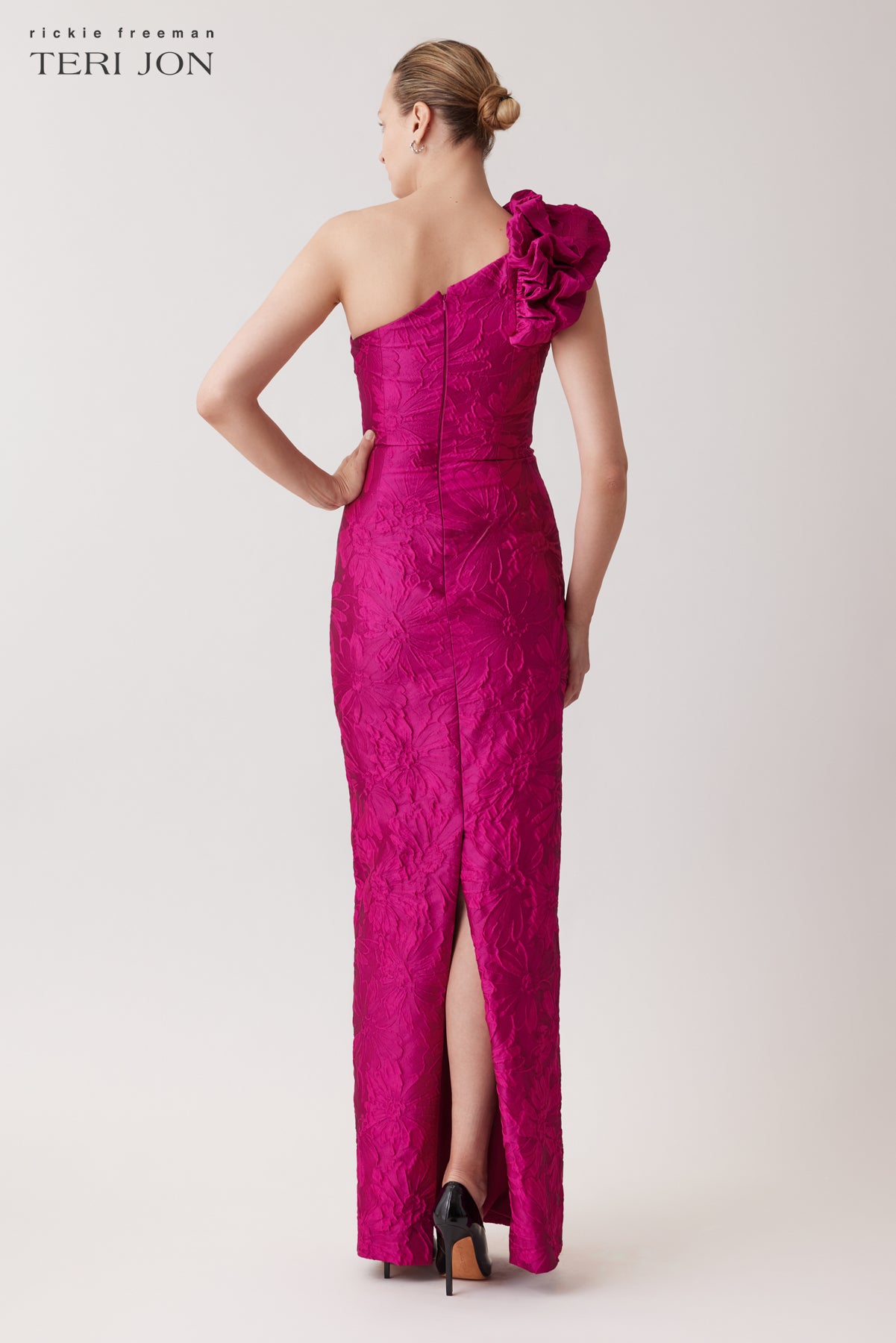 Floral Textured Jacquard One Shoulder Gown – Terijon.com