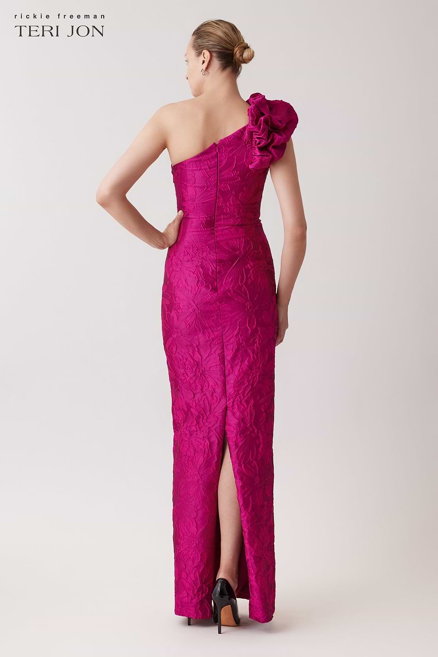 Floral Textured Jacquard One Shoulder Gown Terijon.com Floral Textured Jacquard One Shoulder Gown Terijon.com