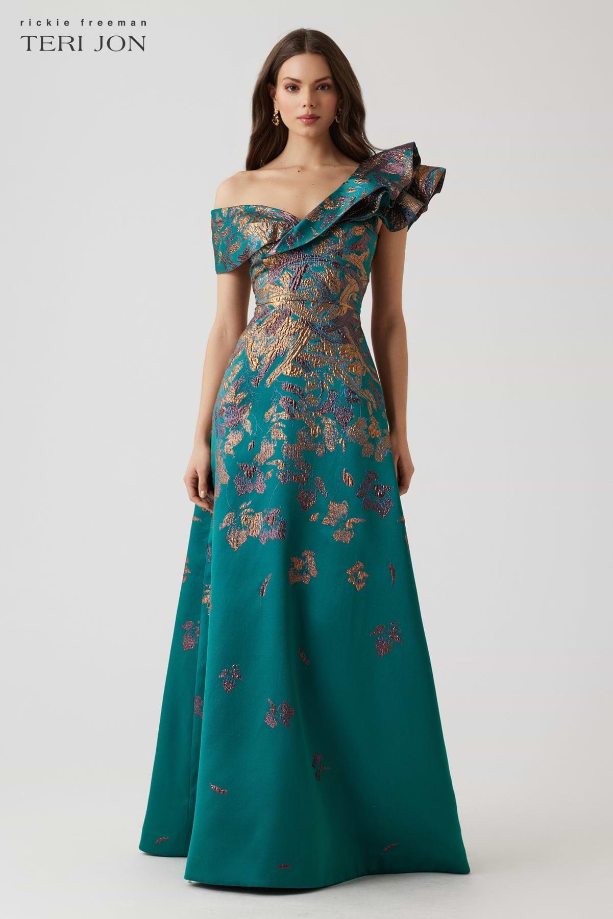 Jacquard Dress Teri Jon Asymmetrical Gown With Ruffle Accent Metallic Jacquard Ruffle Off The Shoulder A Jacquard Dress Teri Jon Asymmetrical Gown With Ruffle Accent Metallic Jacquard Ruffle Off The Shoulder A