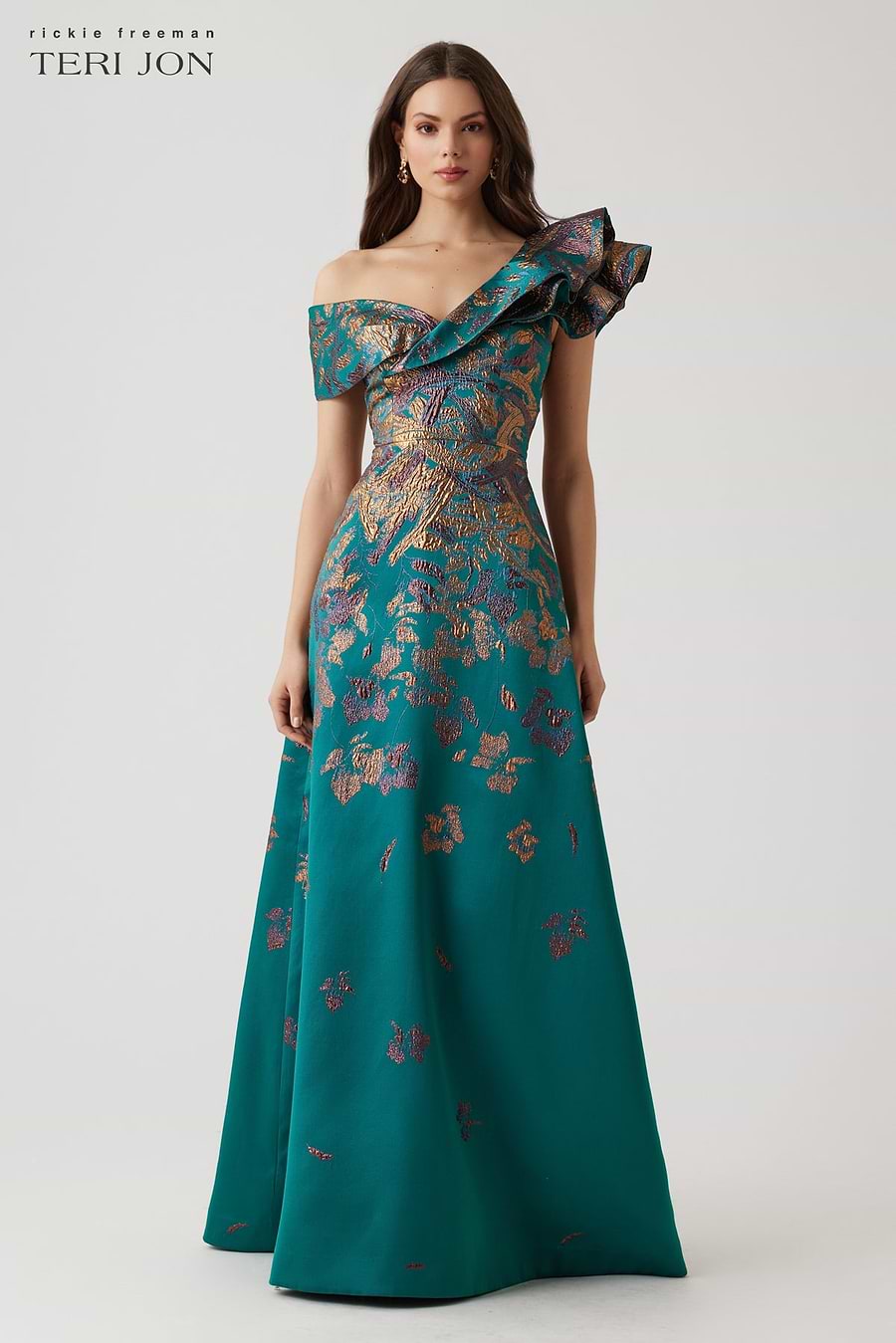 teri jon by rickie freeman floral embroidered off-the-shoulder dress Rickie Freeman for Teri Jon Off-Shoulder Metallic Floral Jacquard Gown