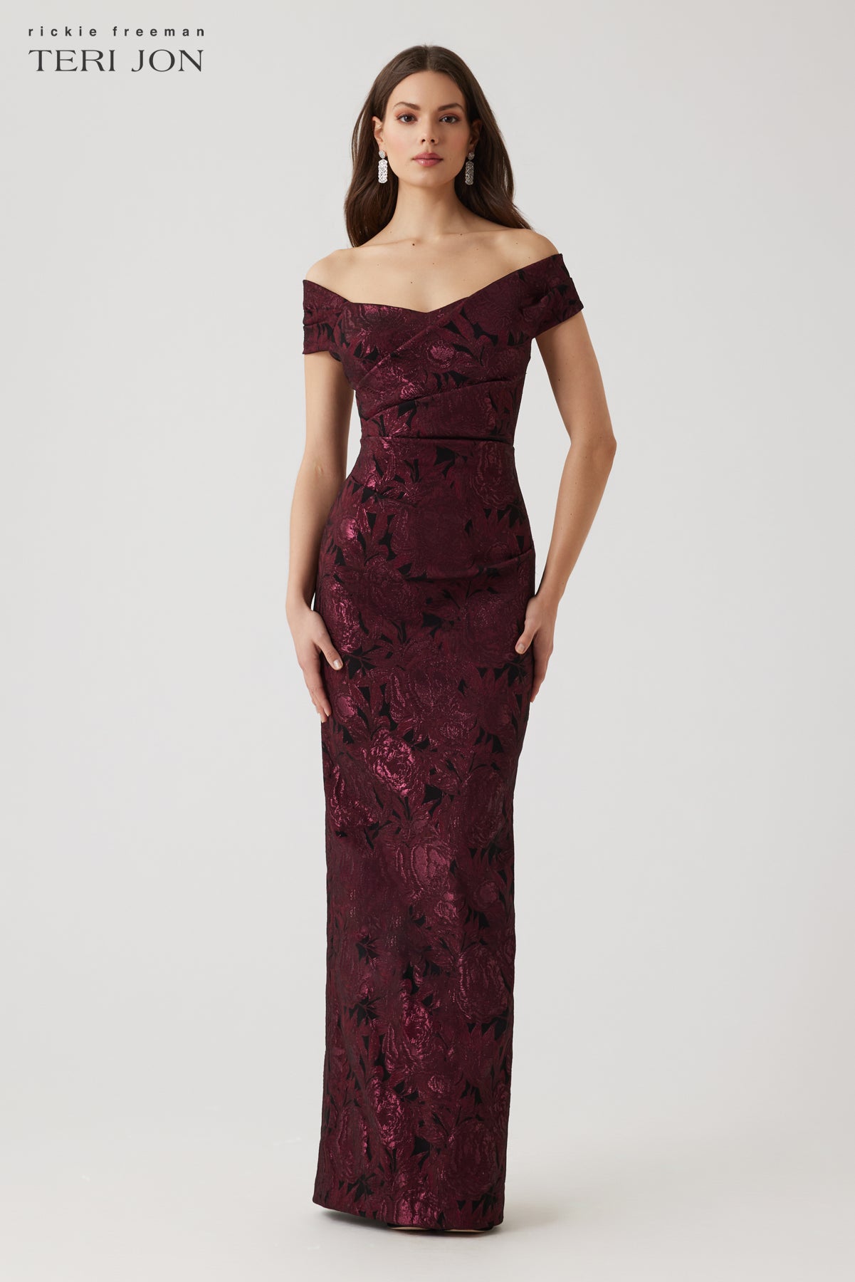Floral Stretch Jacquard Off The Shoulder Ruched Gown
