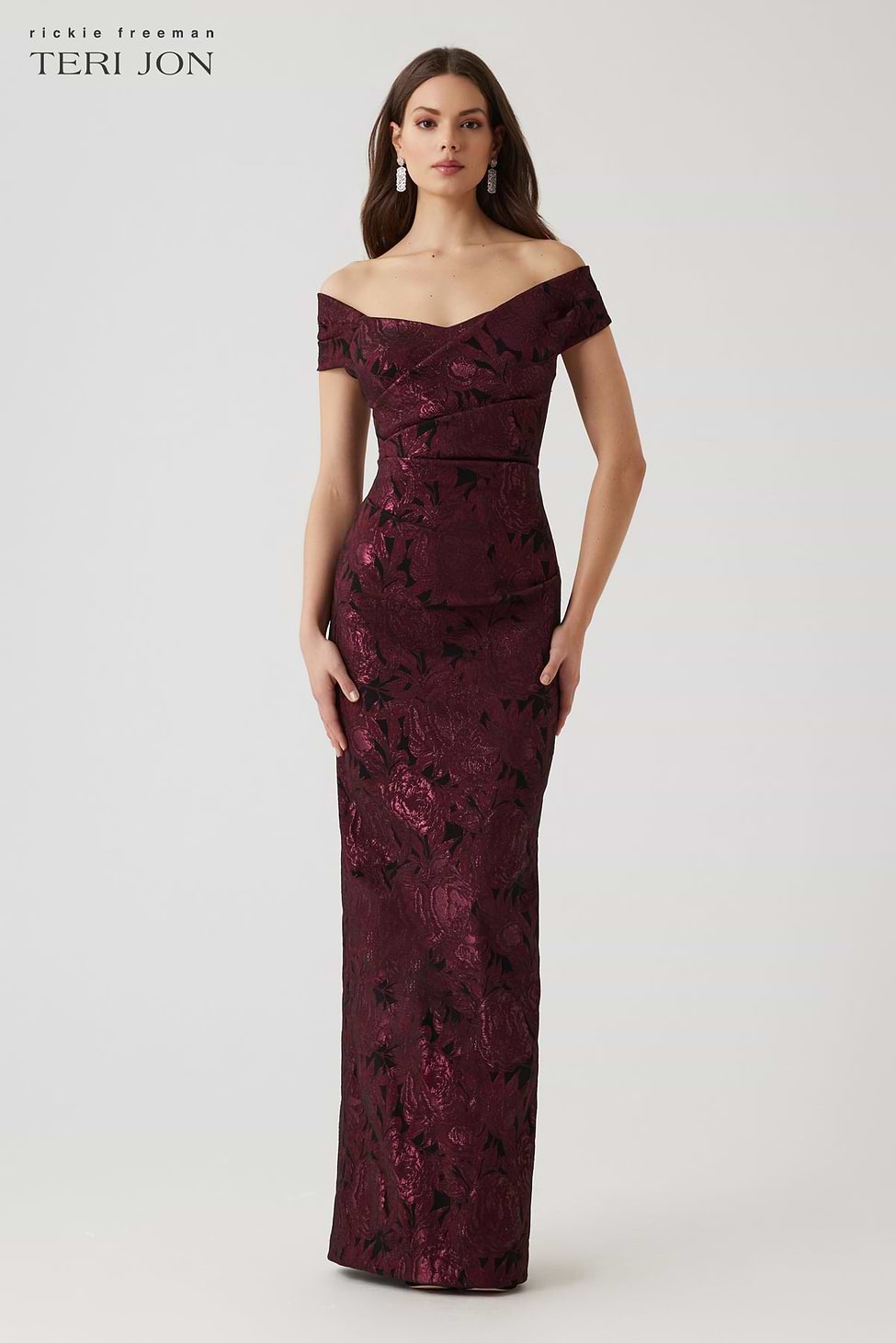 Floral Stretch Jacquard Off The Shoulder Ruched Gown