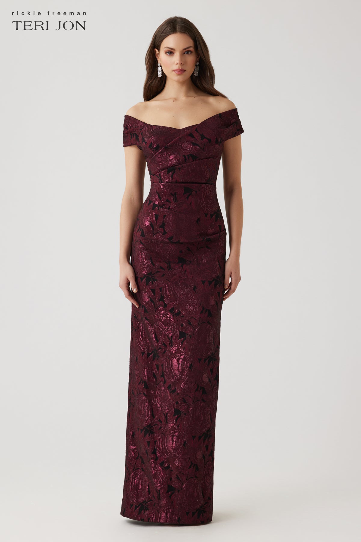 Floral Stretch Jacquard Off The Shoulder Ruched Gown