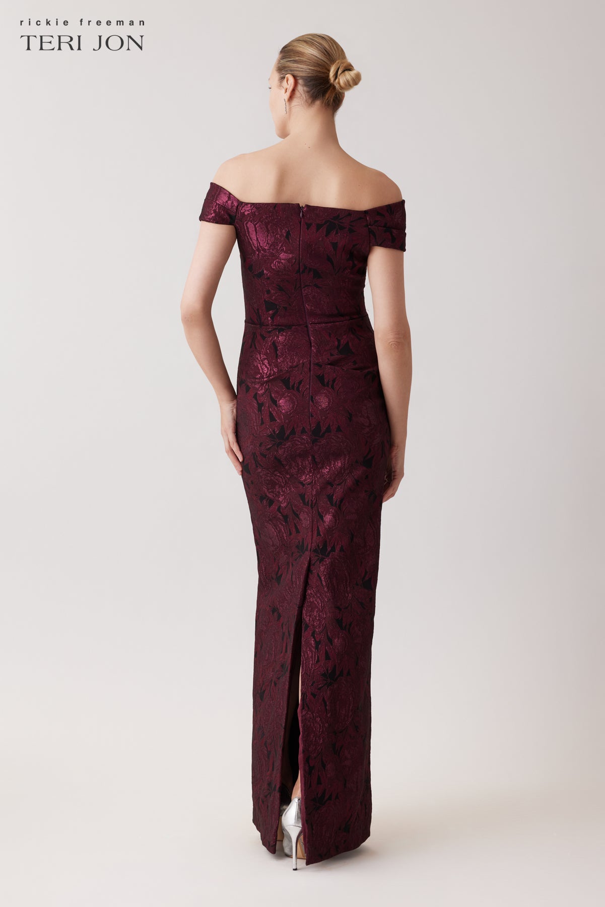 Floral Stretch Jacquard Off The Shoulder Ruched Gown
