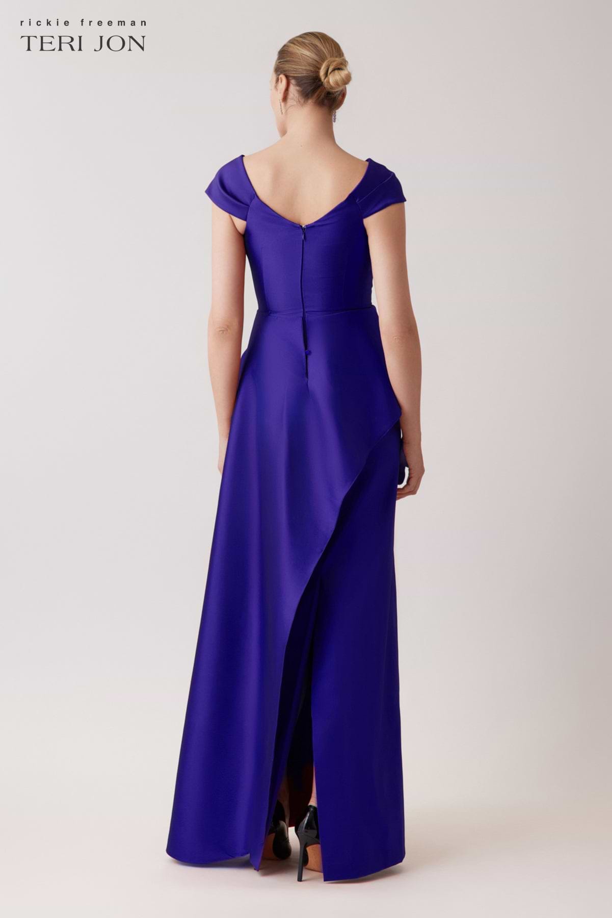 open lace back dress Teri Jon by Rickie Freeman Women's Cap Sleeve Metallic Gown - Blue