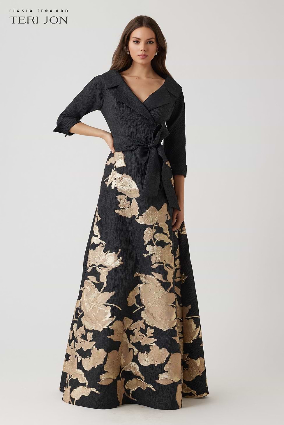 jacquard dress long sleeve Teri Jon Metallic Jacquard Floral Shirtdress Gown Size 8