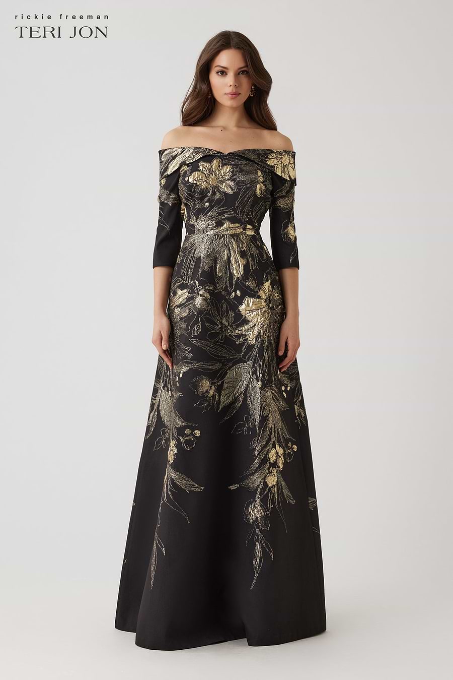 Rickie Freeman For Teri Jon Metallic Jacquard Fold Off-The-Shoulder Gown, Black/Gold, Women's, 12, Off-The-Shoulder Gowns