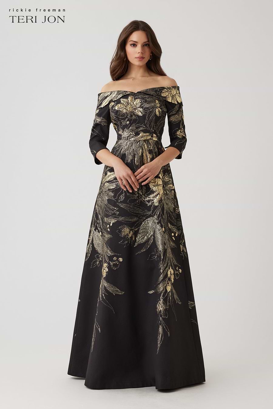 teri jon dresses on sale Rickie Freeman For Teri Jon Metallic Jacquard Fold Off-The-Shoulder Gown, Black/Gold, Women's, 12, Off-The-Shoulder Gowns
