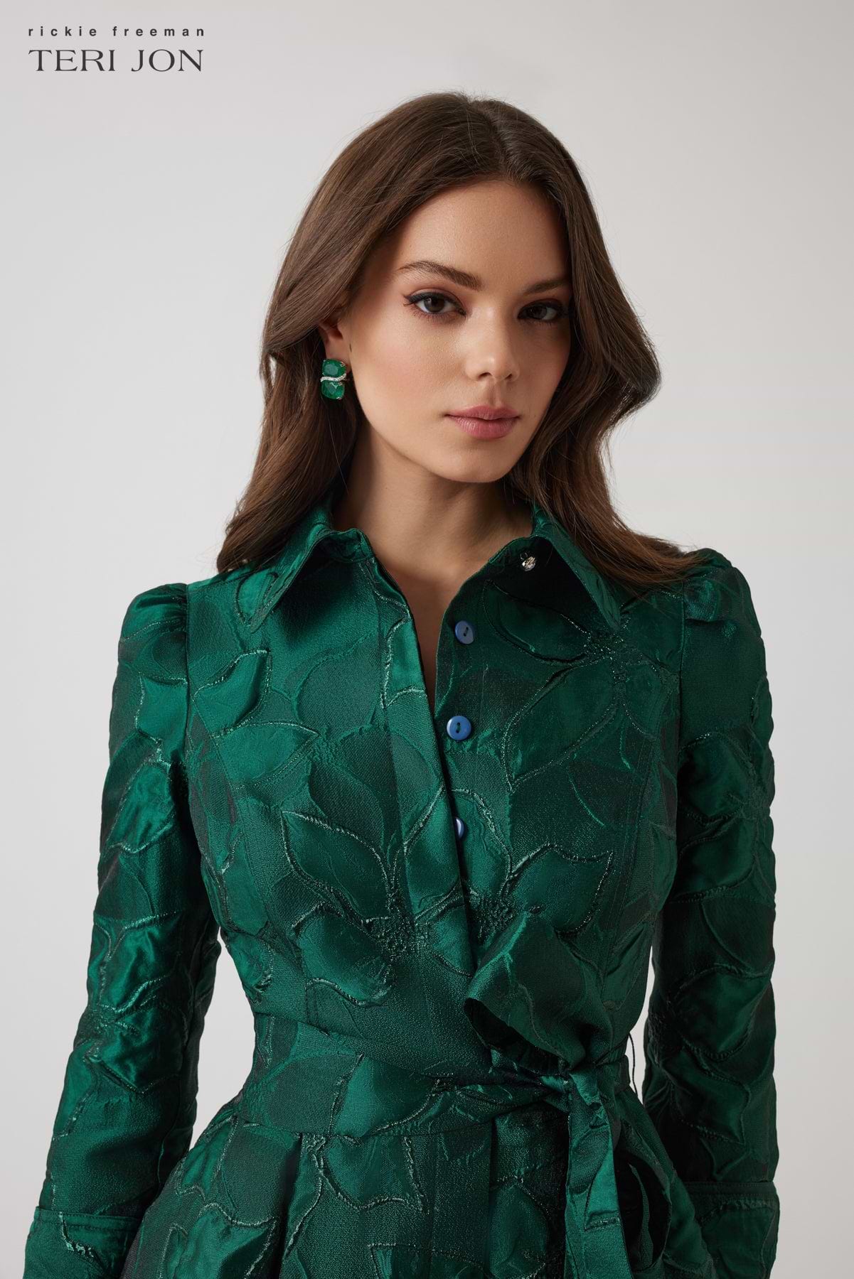 long sleeve shirtwaist dress Metallic Jacquard Floral Shirt Waist Gown – Terijon.com