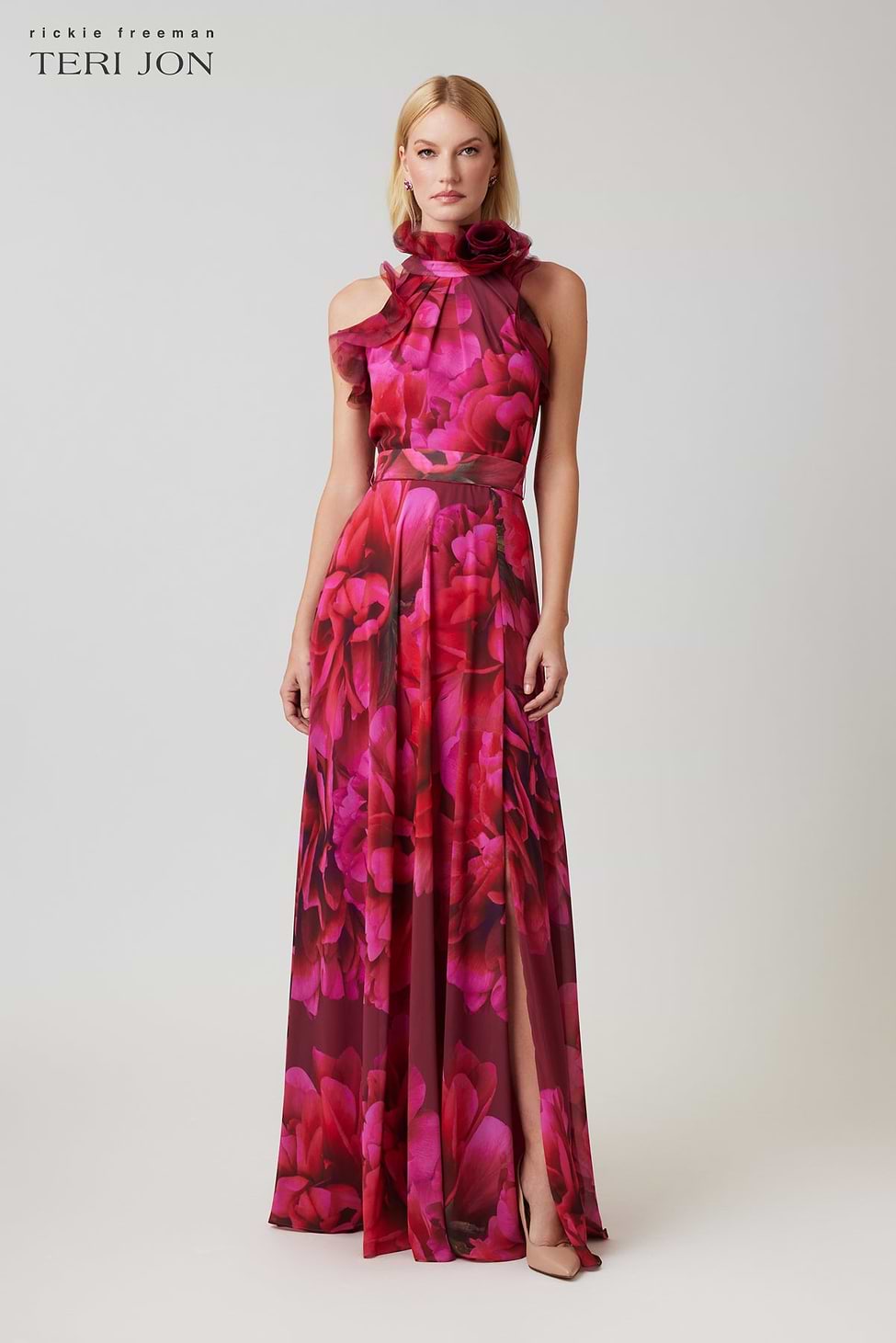 floral chiffon halter dress Blue Halter A Line Floral Chiffon Formal Prom Dresses With Ruffles, Blue / 6