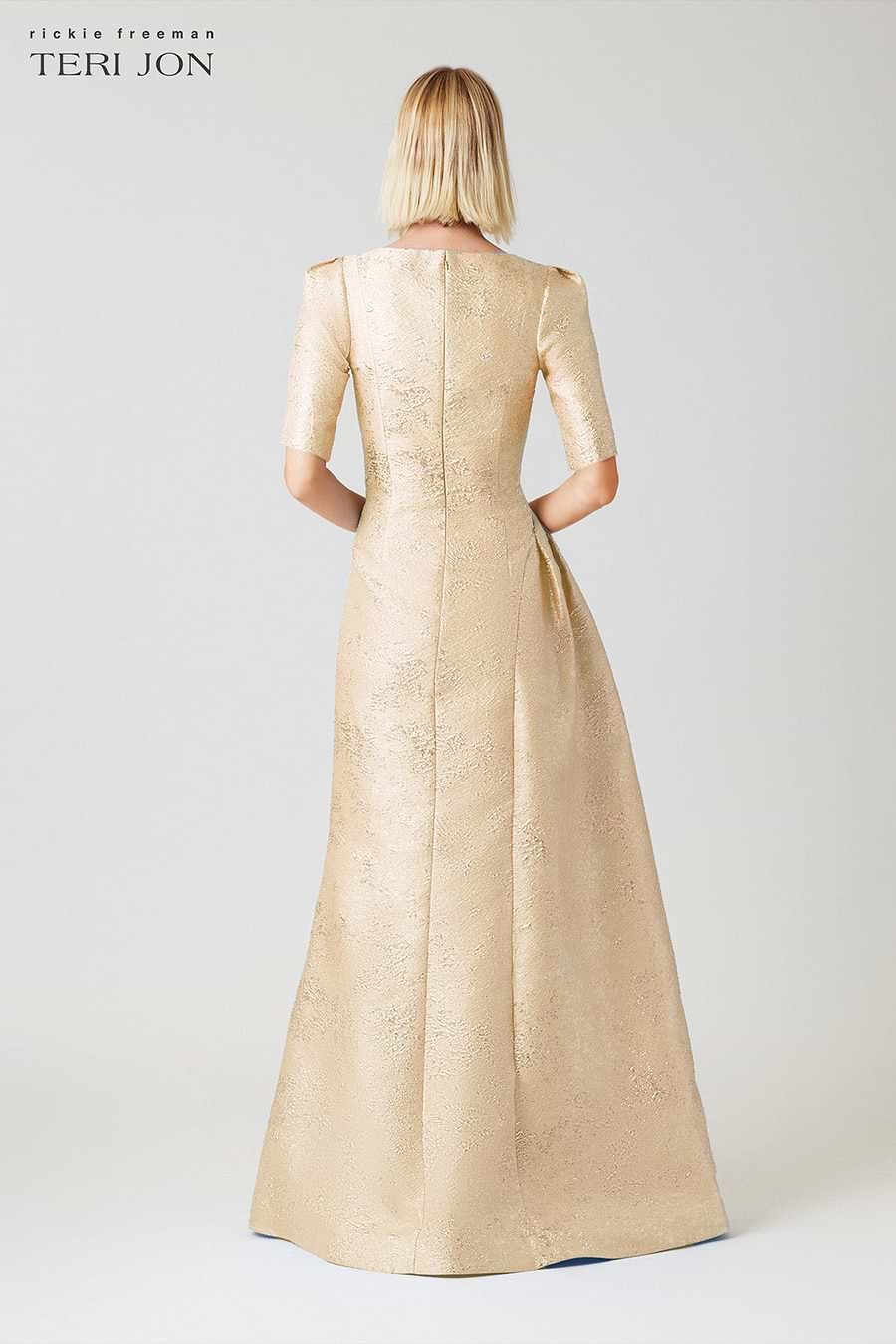 teri jon gold dress Metallic Jacquard Portrait Collar Side Drape Gown Terijon.com