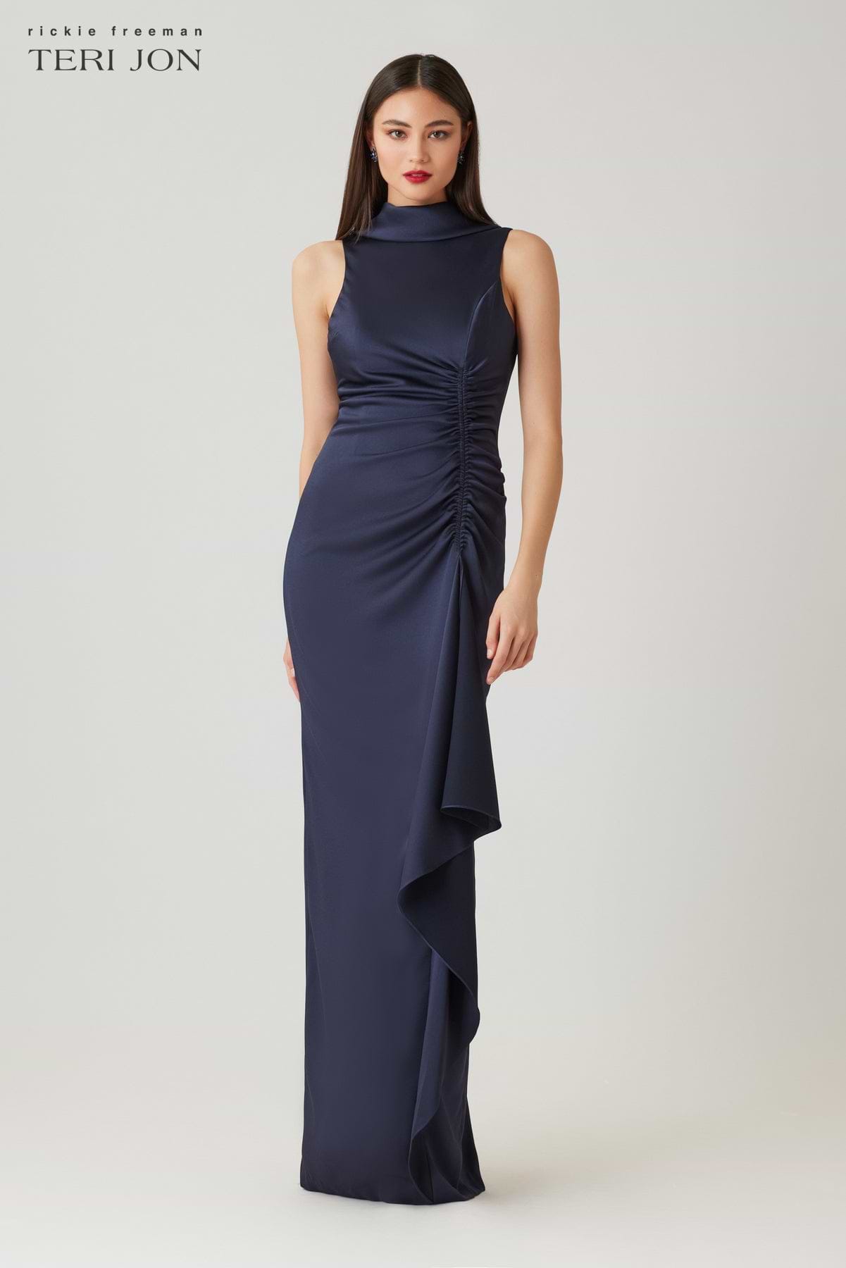 Charmeuse Roll Neck Ruched Waist Gown  Terijon.com