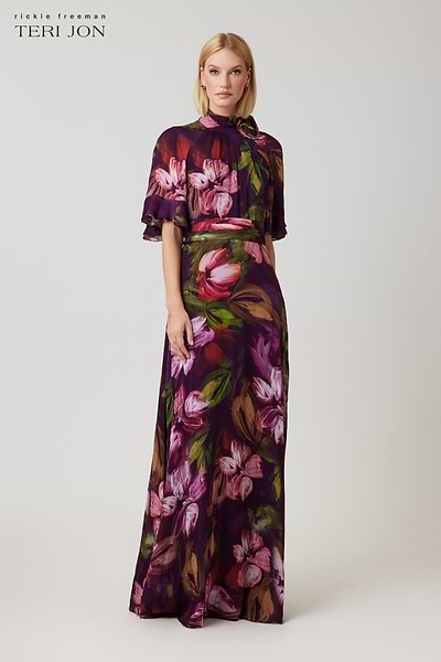 flutter sleeve chiffon maxi dress Chiffon Floral Flutter Sleeve Maxi Gown – Terijon.com