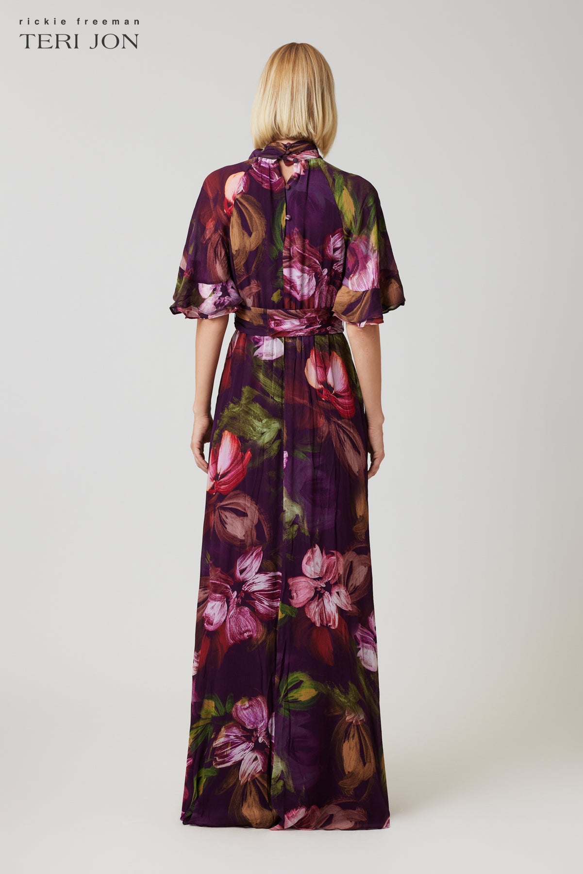 floral chiffon dress with flutter sleeves Chiffon Floral Flutter Sleeve Mock Neck Maxi Dress