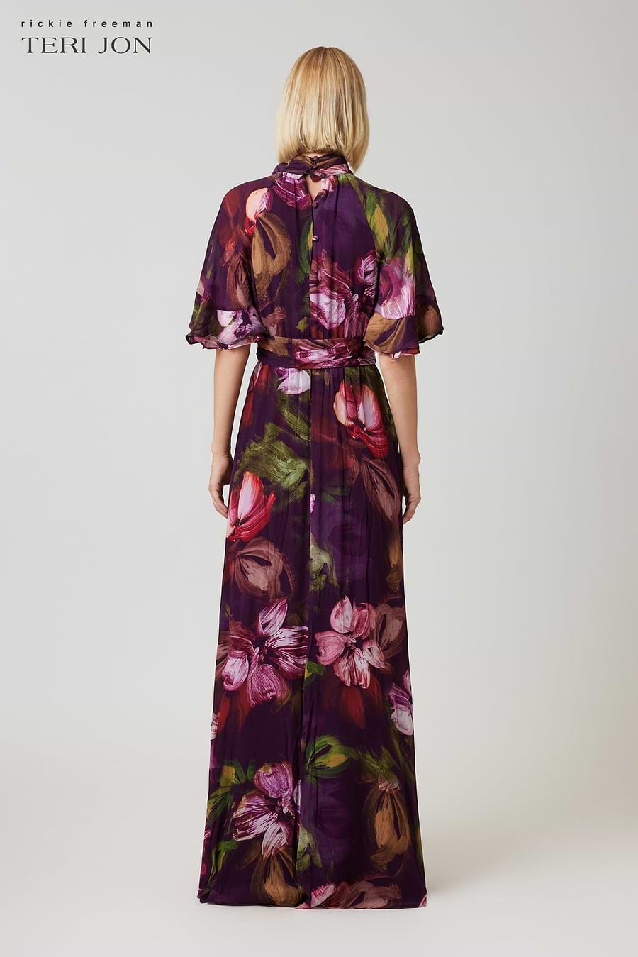 floral chiffon dress with flutter sleeves Chiffon Floral Flutter Sleeve Mock Neck Maxi Dress