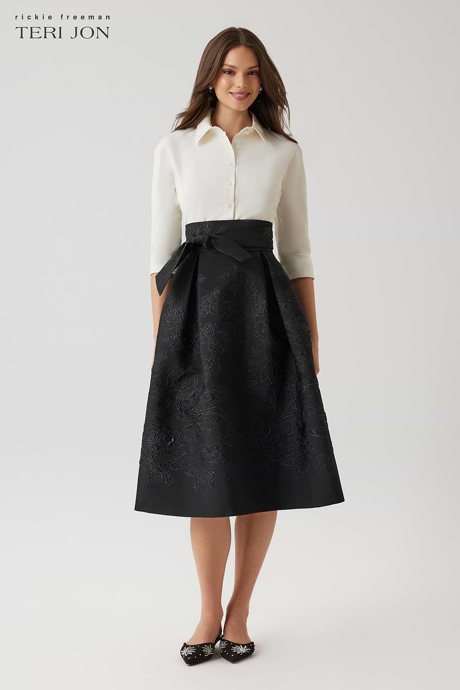 black shirtwaist dress Taffeta Floral Jacquard Shirt Waist Dress – Terijon.com