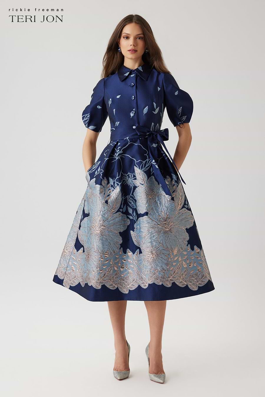 rickie freeman for teri jon puff-sleeve jacquard cocktail dress Metallic Jacquard Floral Puff Sleeve Dress