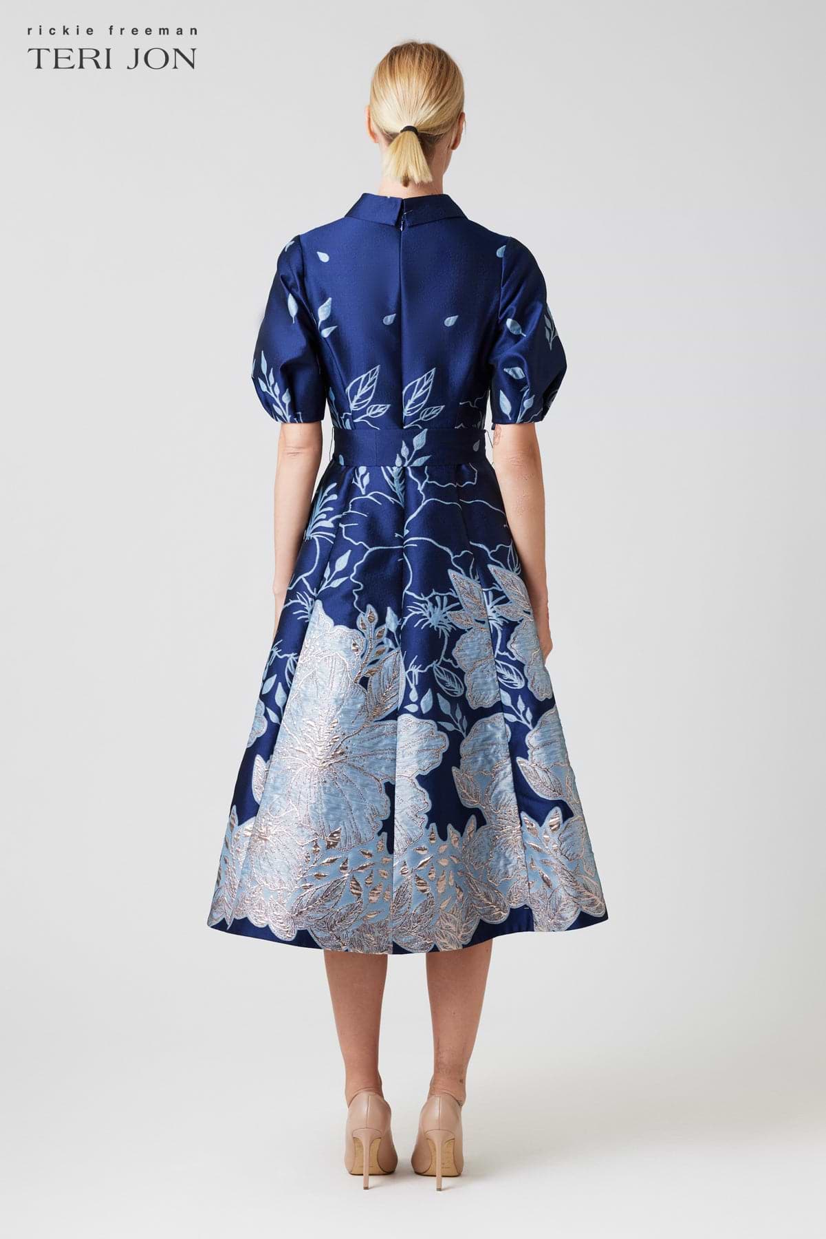 teri jon metallic dress Metallic Jacquard Off Shoulder Puff Sleeve Gown  Terijon.com