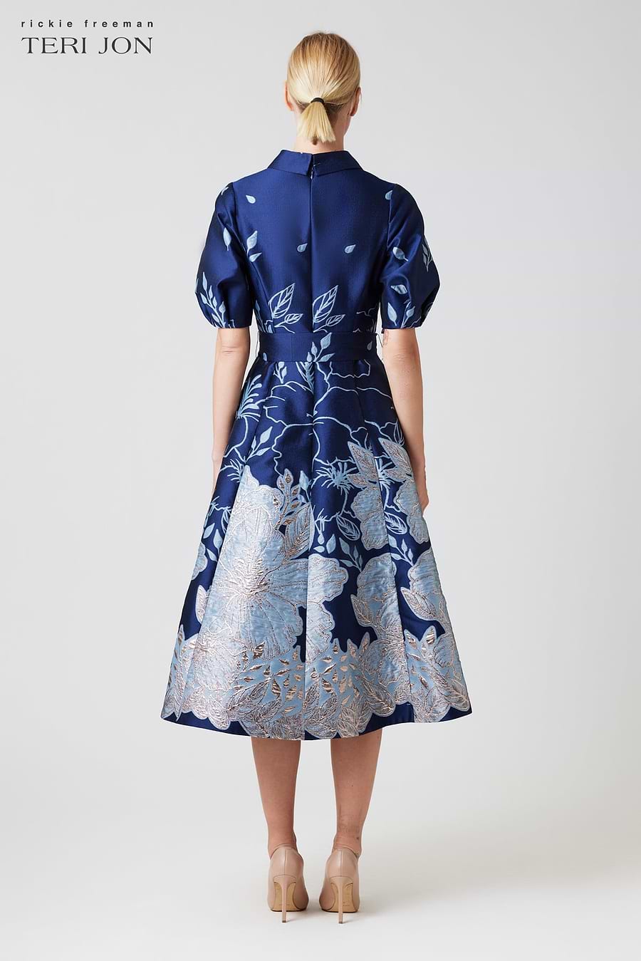 teri jon metallic dress Metallic Jacquard Off Shoulder Puff Sleeve Gown Terijon.com