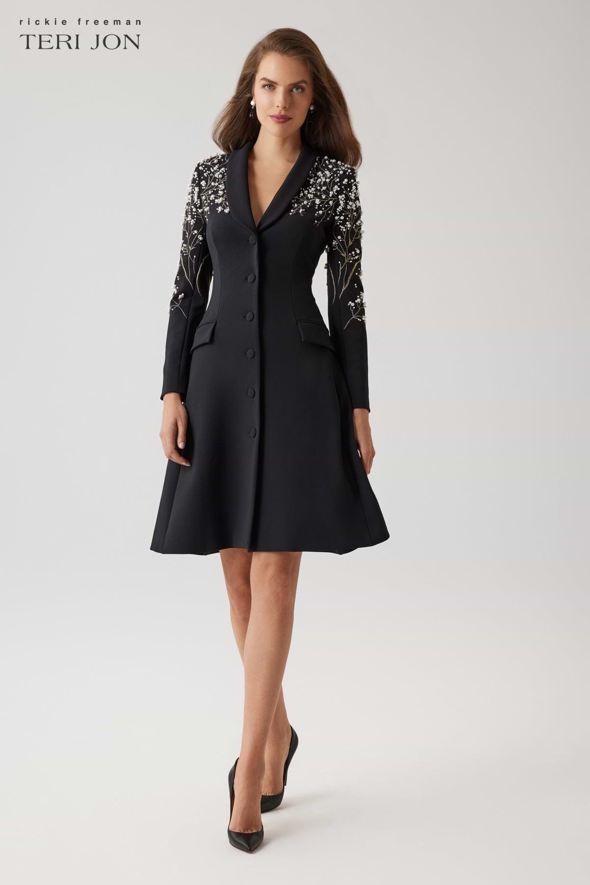 Crepe Pearl Floral Applique Blazer Dress – Terijon.com Crepe Pearl Floral Applique Blazer Dress – Terijon.com