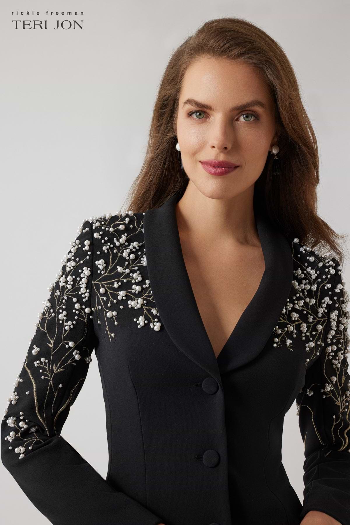 Crepe Pearl Floral Applique Blazer Dress – Terijon.com