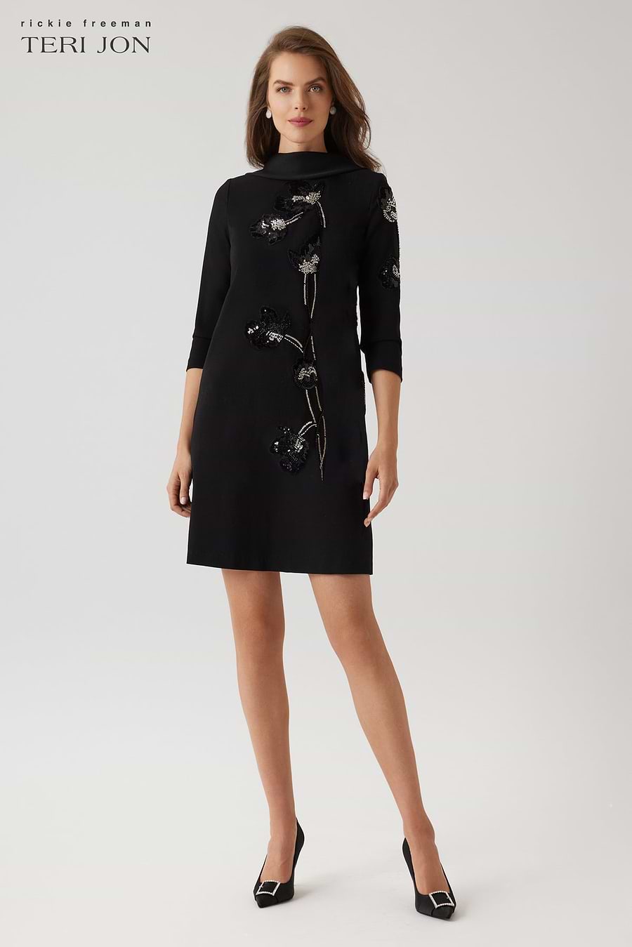 Crepe Cowl Neck Beaded Flower Dress – Terijon.com