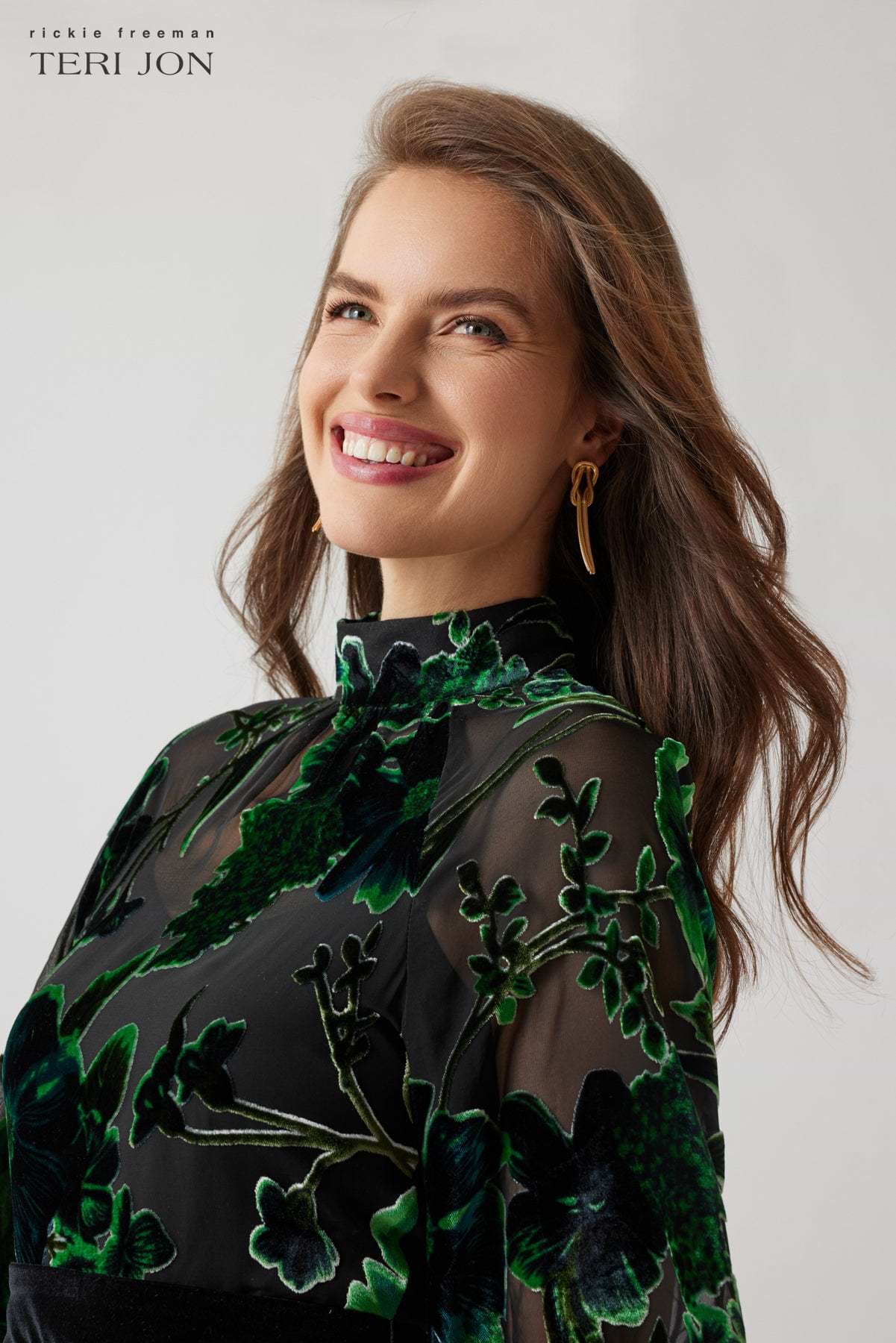 Velvet Burnout Floral Belted Dress  Terijon.com