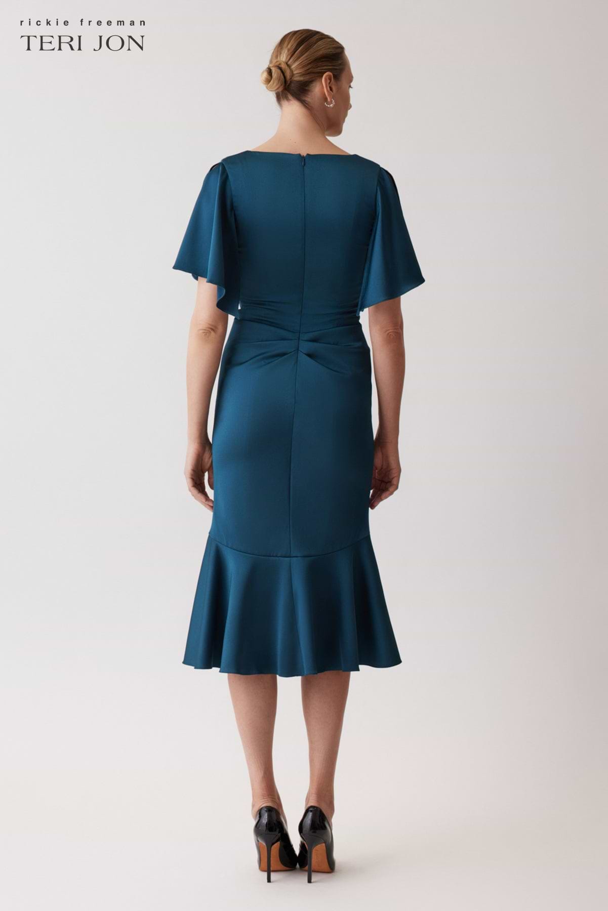 teri jon cocktail & party dresses Satin Ruched Flutter Sleeve Dress