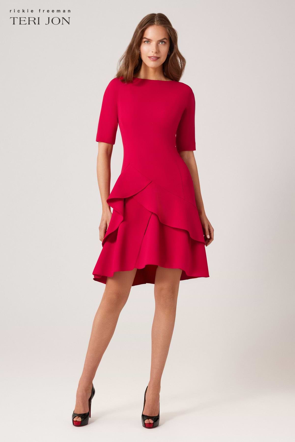 formal short red dress with sleeves Wine Red Velvet Tea Length Short Sleeves Party Dress, Dark Red Evening  Dresses