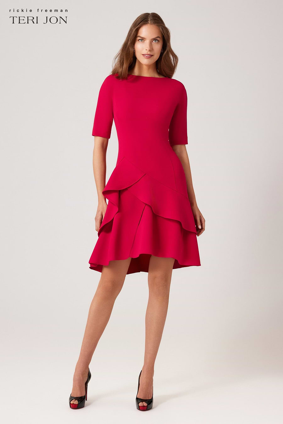Teri Jon Stretch Crepe Double Ruffle Hem Dress Size 4 Teri Jon Stretch Crepe Double Ruffle Hem Dress Size 4
