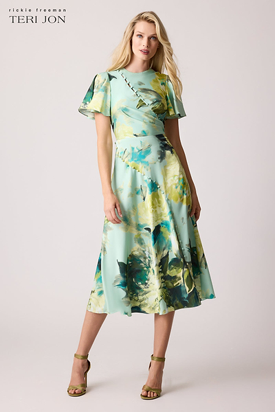 Charmeuse Print Flare Sleeve Button Trim Dress – Terijon.com