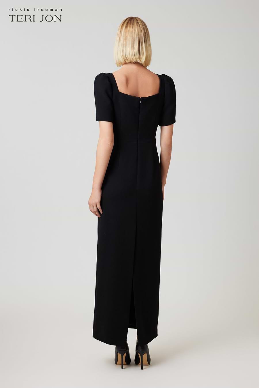 teri jon black dress 3/4 Sleeve Lace Fit And Flare Dress with Bow