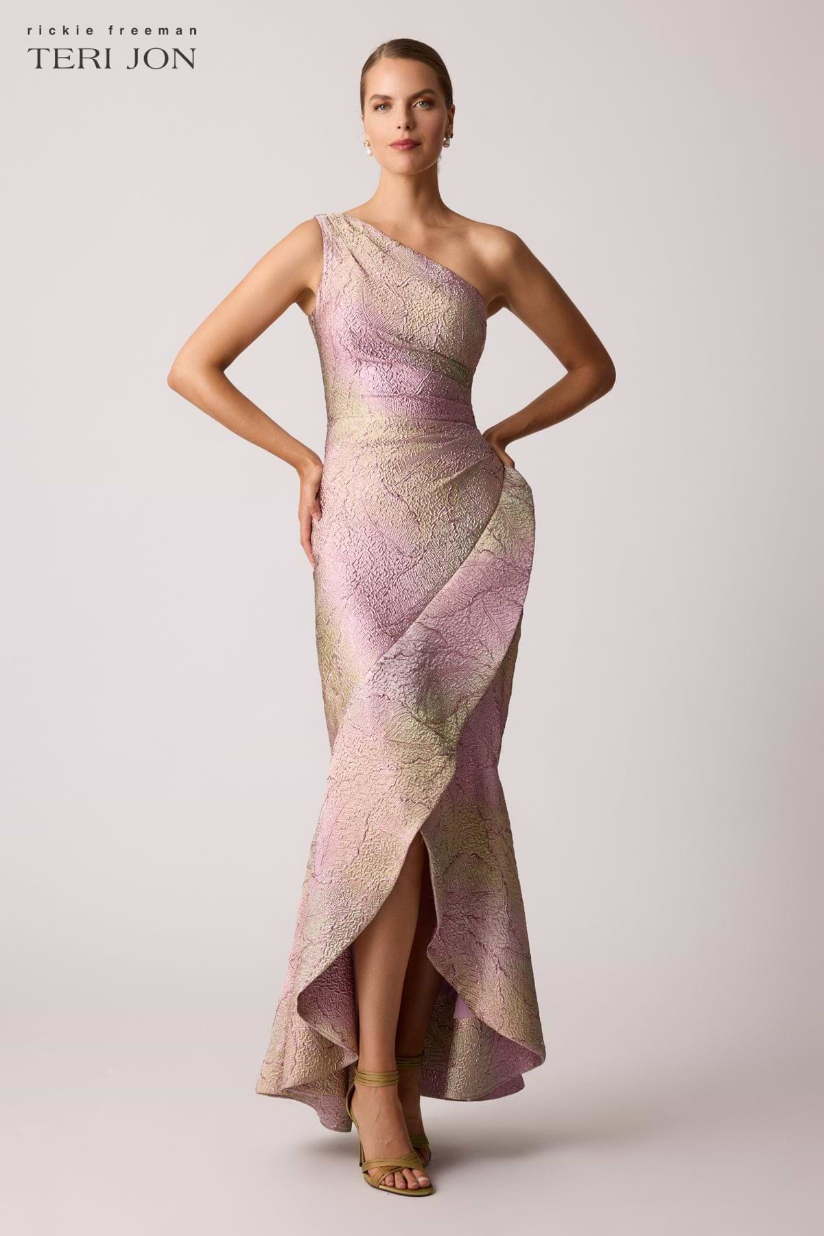 teri jon metallic dress Metallic Jacquard Off Shoulder Puff Sleeve Gown  Terijon.com