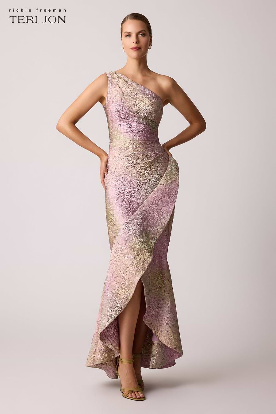 teri jon metallic dress Metallic Jacquard Off Shoulder Puff Sleeve Gown Terijon.com