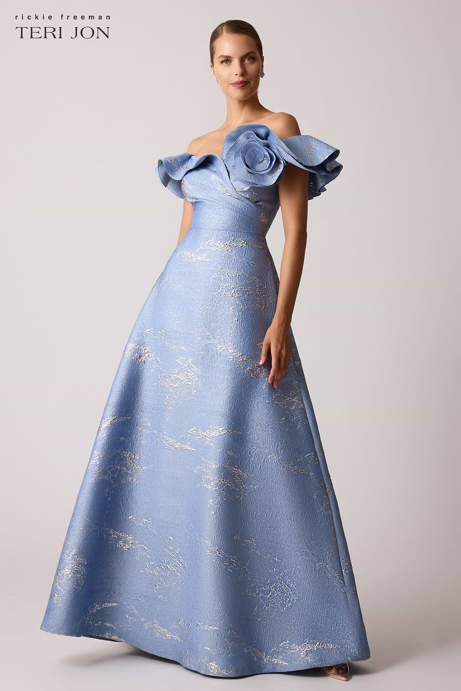 Off Shoulder Jacquard Ruffle Gown With Flower Applique Terijon.com Off Shoulder Jacquard Ruffle Gown With Flower Applique Terijon.com