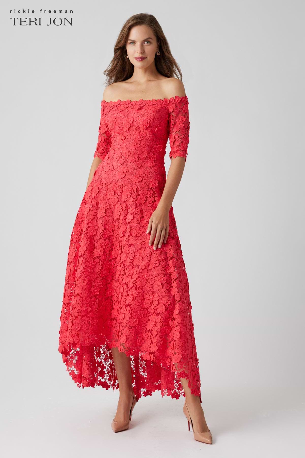 teri jon by rickie freeman lace high-low dress Rickie Freeman for Teri Jon 3D Lace High-Low Cocktail Dress navy blue Size  18