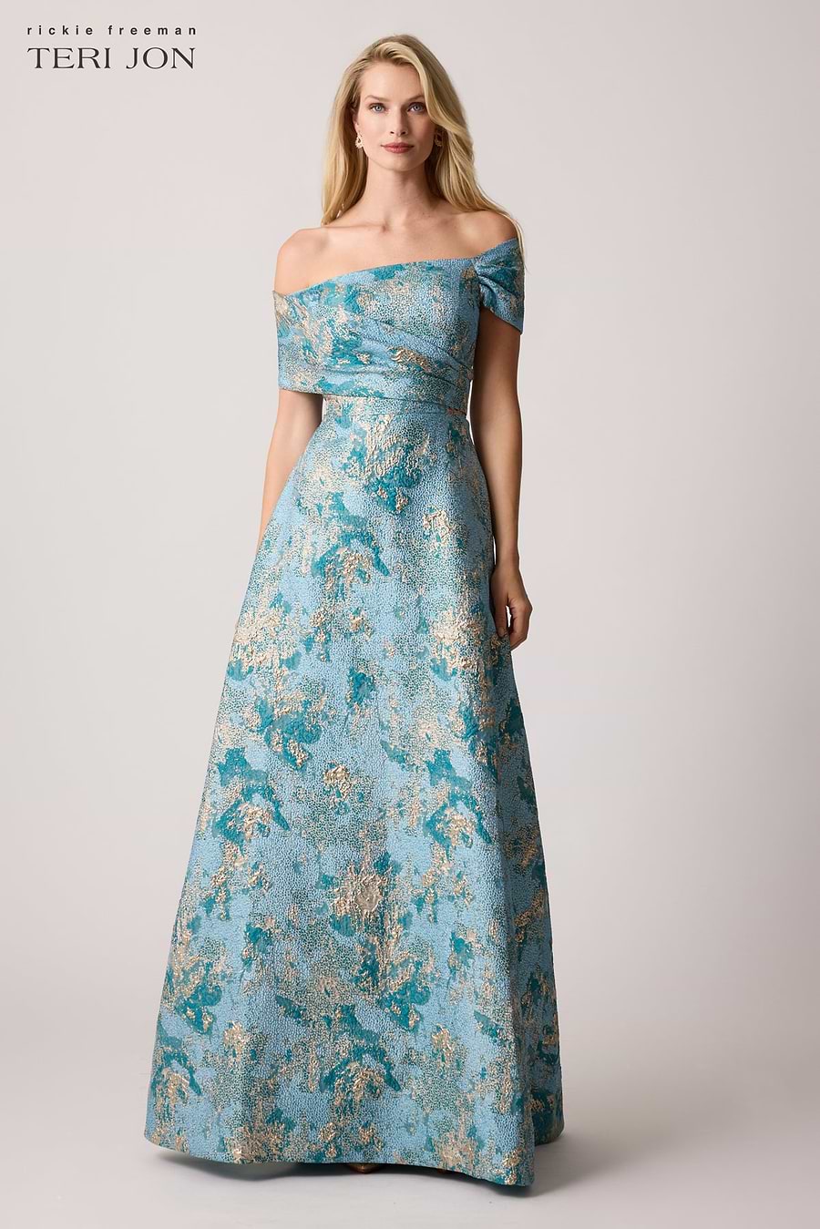 teri jon metallic dress Metallic Jacquard Off Shoulder Puff Sleeve Gown Terijon.com