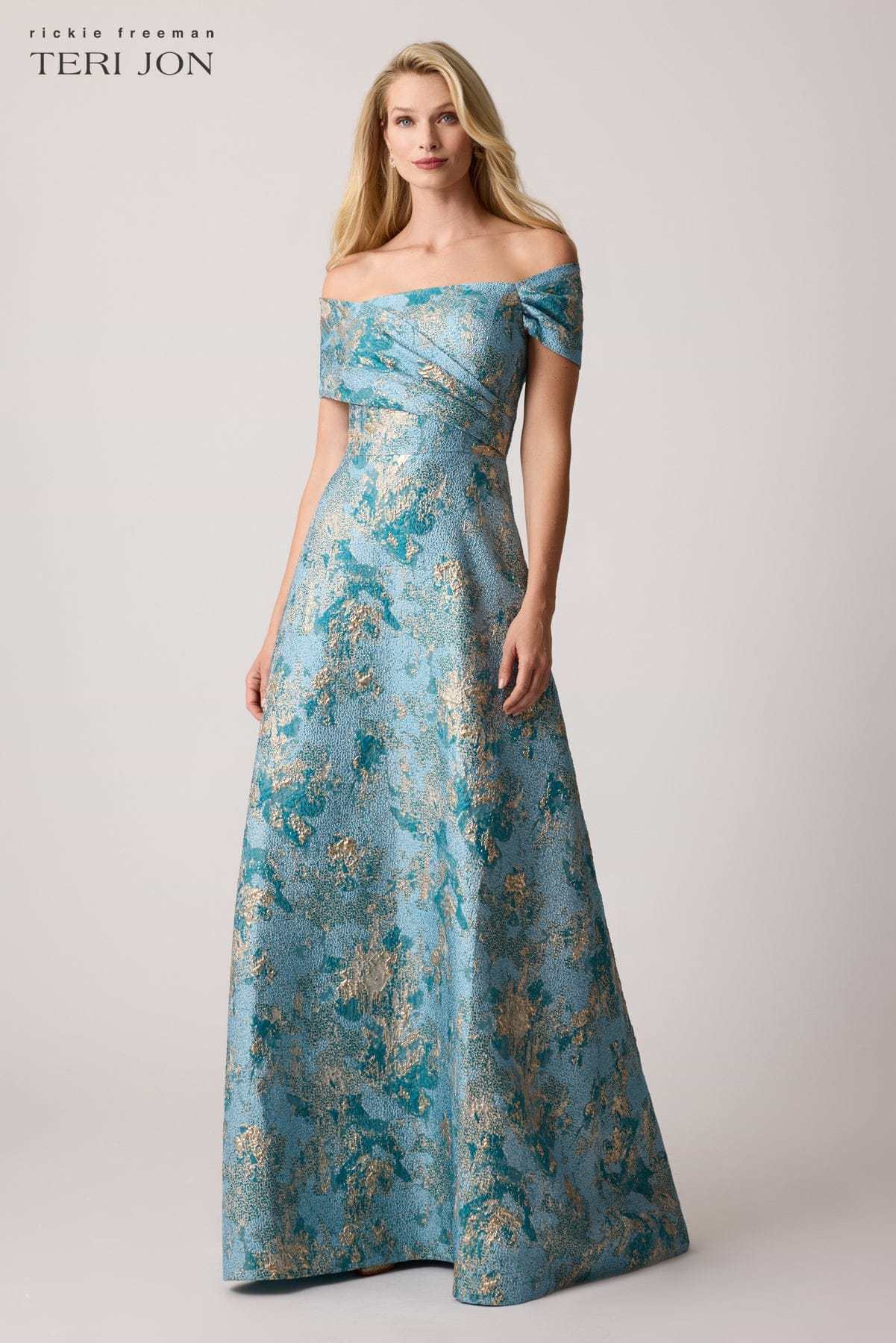 Metallic Jacquard Asymmetrical Off Shoulder Gown Metallic Jacquard Asymmetrical Off Shoulder Gown