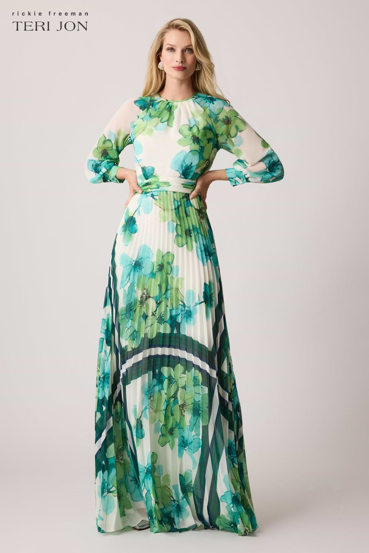 teri jon by rickie freeman long sleeve pleated maxi dress Chiffon Pleated Maxi Floral Print Gown
